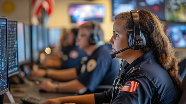 Dispatch center scene featuring emergency telecommunicators using headsets at computer stations.